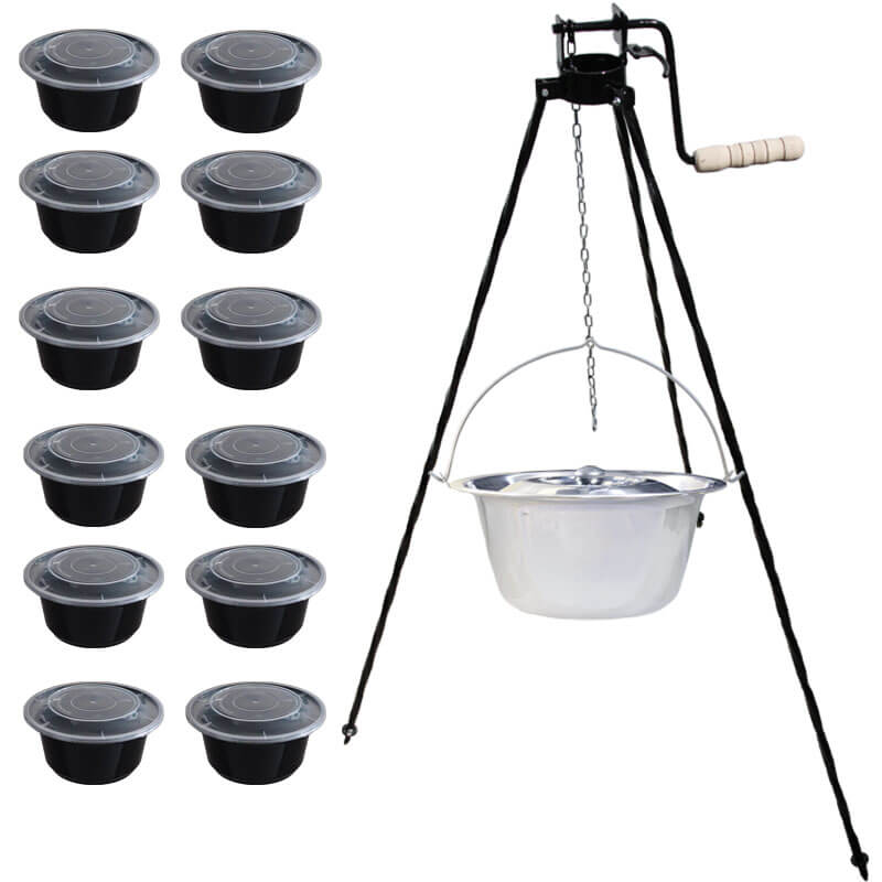 Nerezový kotlík 20 L (0,8 mm) INOX + stojan s kladkou VAR + misky 12 ks