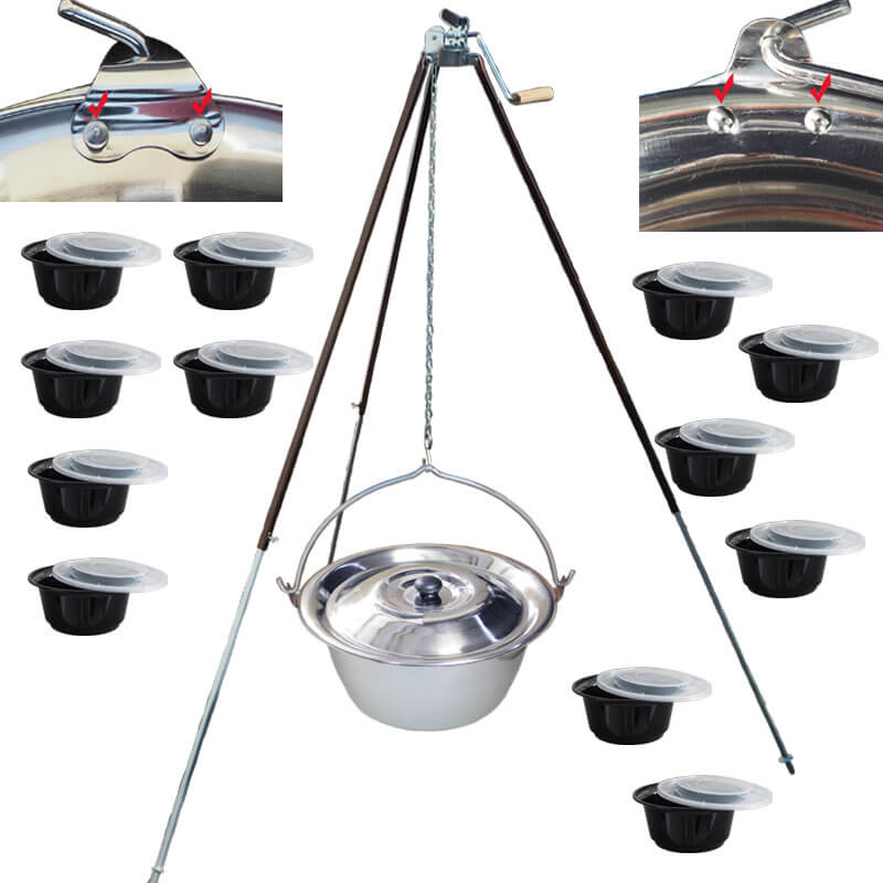 Nerezový kotlík 30 L (0,8 mm) s nýty + teleskopická trojnožka s pojistnou kladkou + misky 12 ks