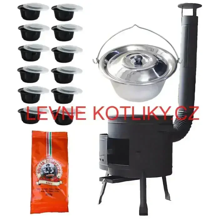 Nerezový kotlík 22 L (0,8 mm) INOX + silnostěnná (1,5 mm) žáruvzdorná kotlina BALKY STRONG 42 PLUS 600 + misky 12 ks + paprikové koření na guláš 100 g