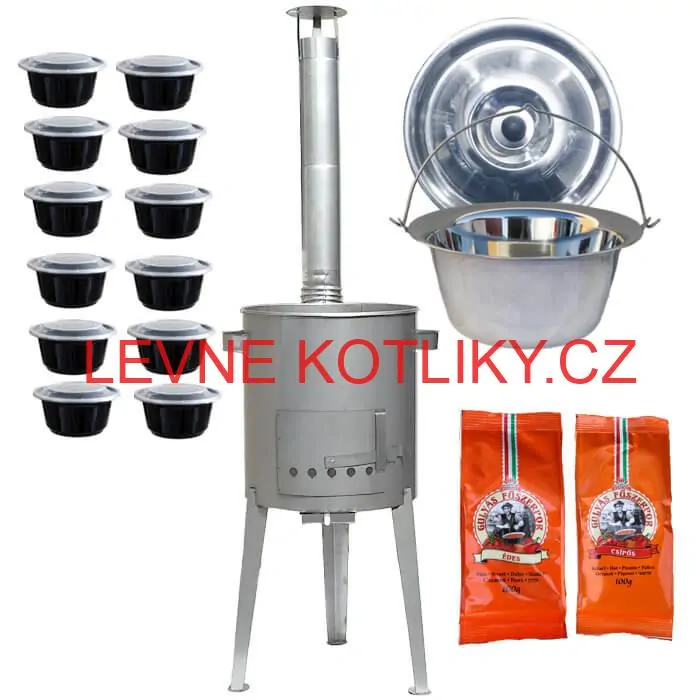 Nerezový kotlík 22 L (0,8 mm) INOX + nerezová kotlina 42 cm LUXUS + misky 12 ks + 2 x pepř na guláš 100 g