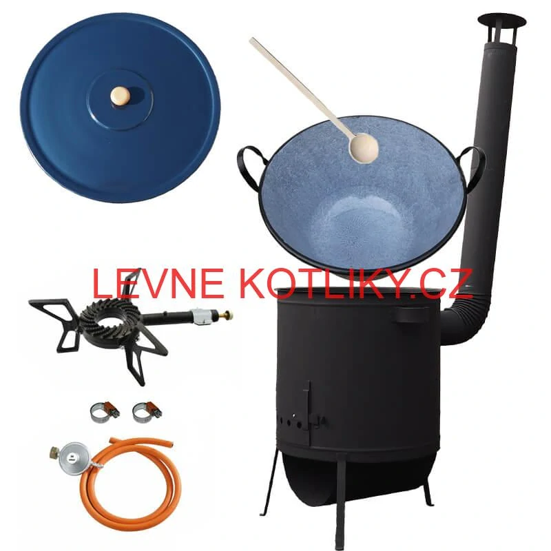 Smaltovaný kotel 70 L na zabijačku + žáruvzdorná kotlina 53 PLUS 600 4 MM + hořák 7,5 kW + vařečka