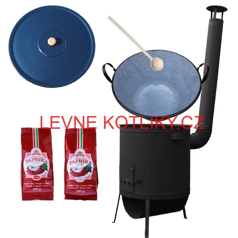 Smaltovaný kotel 70 L na zabijačku + žáruvzdorná kotlina 53 PLUS 600 4 MM + sladká a pálivá paprika (2 x 250 g) + vařečka