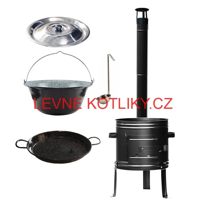 Smaltovaný kotlík 25 L + kovová kotlina + smaltovaná pánev 46 cm Paella