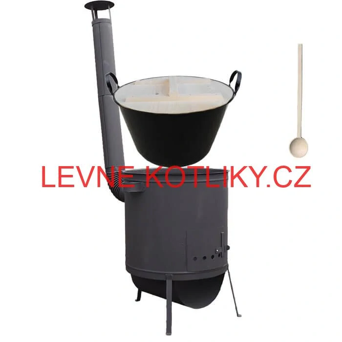 Zabijačkový smaltovaný kotel 100 L, žáruvzdorná kotlina 42 PLUS 600 4 MM, dřevěná poklice + vařečka