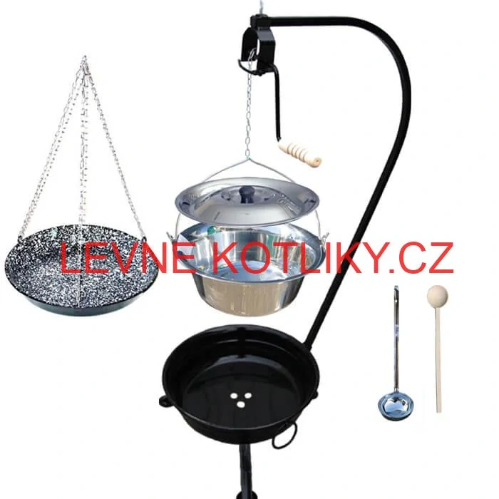 Nerezový kotlík 14 L (0,8 mm) INOX + smaltovaná pánev + ohniště se stojanem as pojistnou kladkou VAR