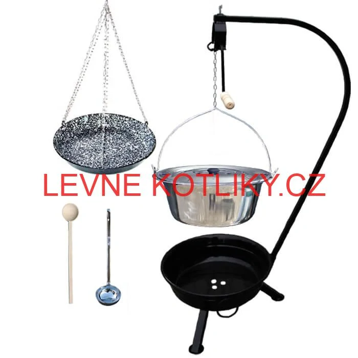 Nerezový kotlík 20 L (0,8 mm) INOX + smaltovaná pánev + ohniště se stojanem as pojistnou kladkou VAR