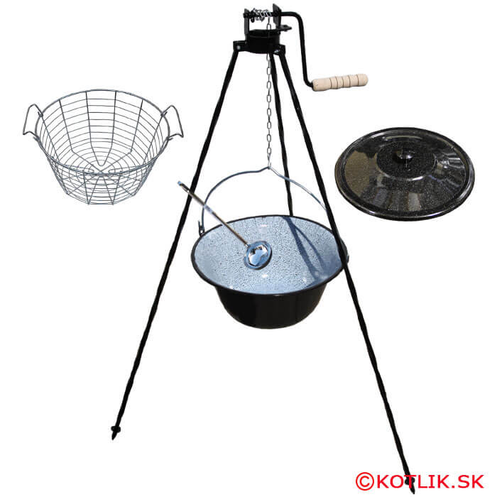 Smaltovaný kotlík 25 L (1,2 mm) + drátěný koš + stojan s kladkou VAR