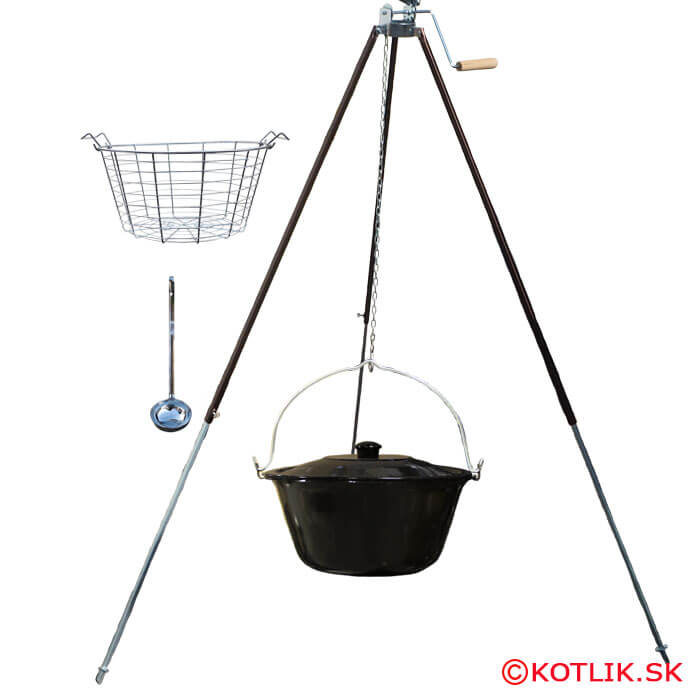 Smaltovaný kotlík 30 L (1,2 mm) + drátěný koš + stojan s kladkou VAR