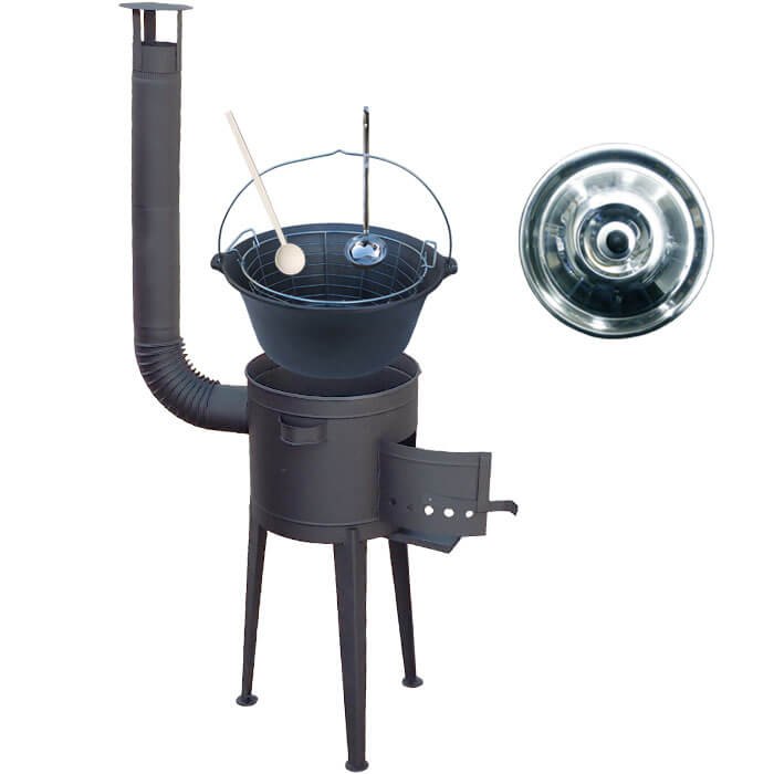 Litinový kotlík 22 L (0,8 cm) + drátěný koš + vysoká žáruvzdorná kotlina 45 PLUS 600
