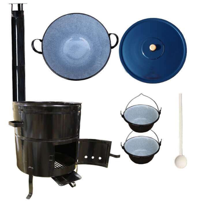 Zabijačkový smaltovaný kotel 70 L + kovová kotlina 56 cm + 2 servírovací kotlíky  a kouřovod