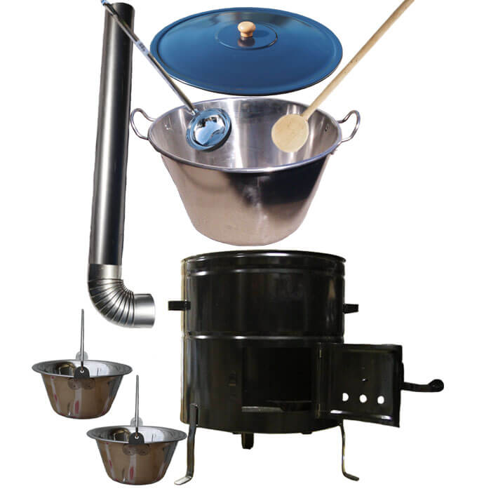 Zabijačkový nerezový kotel 70 L, kovová kotlina 56 cm, smaltovaná poklice + 2 servírovací nerezové kotlíky zdarma